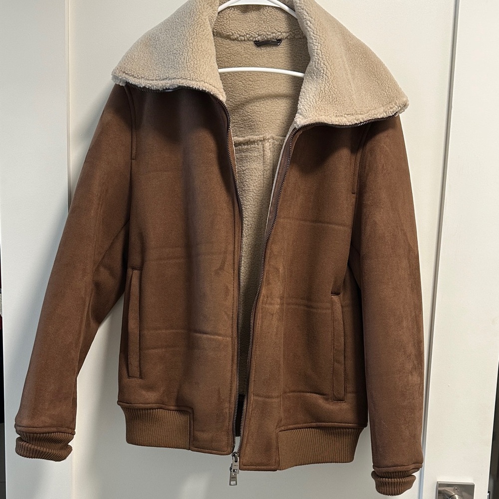 Mango Brown Teddy-Lined Jacket with Cream Sherpa Collar